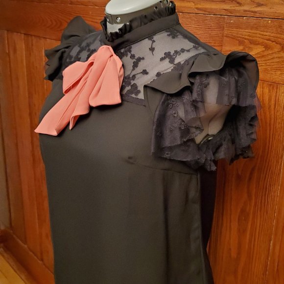 Black Lace Flutter Sleeve Blouse with Tie Neck BN - Picture 3 of 4